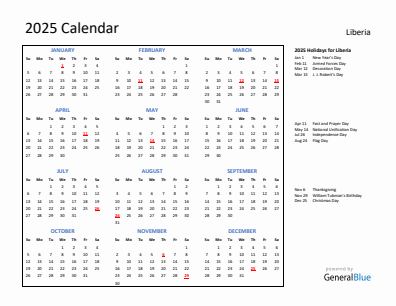Liberia current year calendar 2025 with holidays
