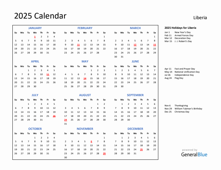 2025 Calendar with Holidays for Liberia