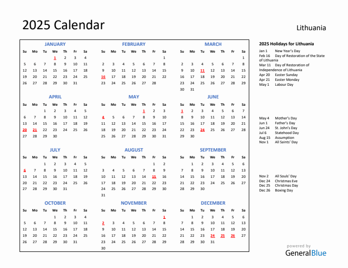 2025 Calendar with Holidays for Lithuania