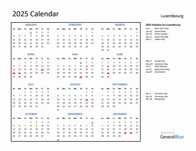 Luxembourg current year calendar 2025 with holidays