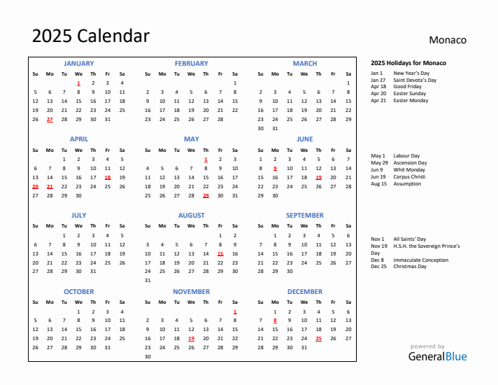 2025 Calendar with Holidays for Monaco