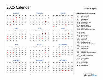 Montenegro current year calendar 2025 with holidays