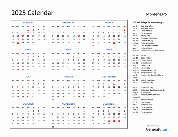 2025 Calendar with Holidays for Montenegro