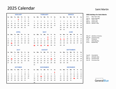 Saint Martin current year calendar 2025 with holidays