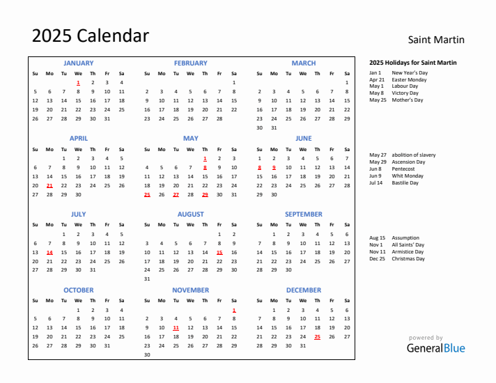 2025 Calendar with Holidays for Saint Martin