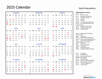 North Macedonia current year calendar 2025 with holidays