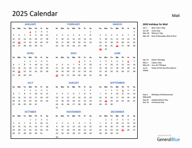 Mali current year calendar 2025 with holidays