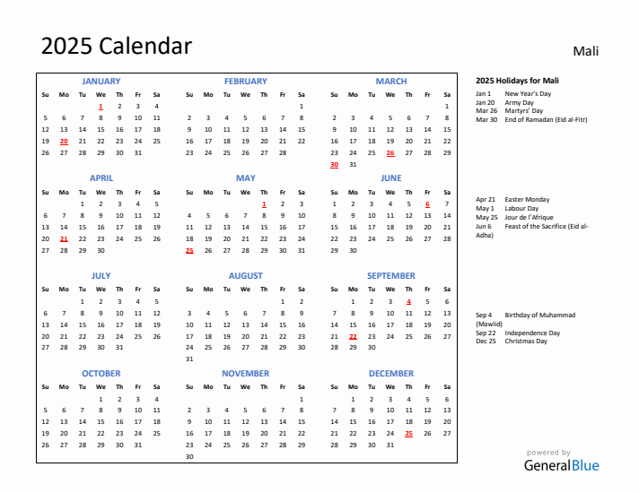 2025 Calendar with Holidays for Mali