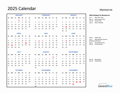 Montserrat current year calendar 2025 with holidays