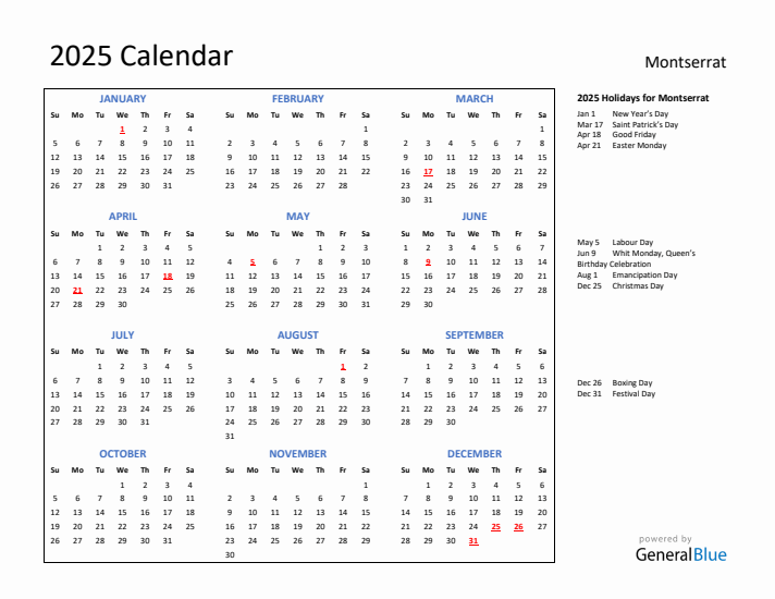 2025 Calendar with Holidays for Montserrat