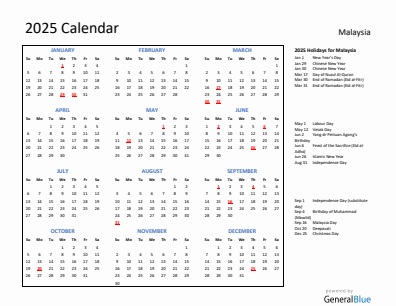 Malaysia current year calendar 2025 with holidays