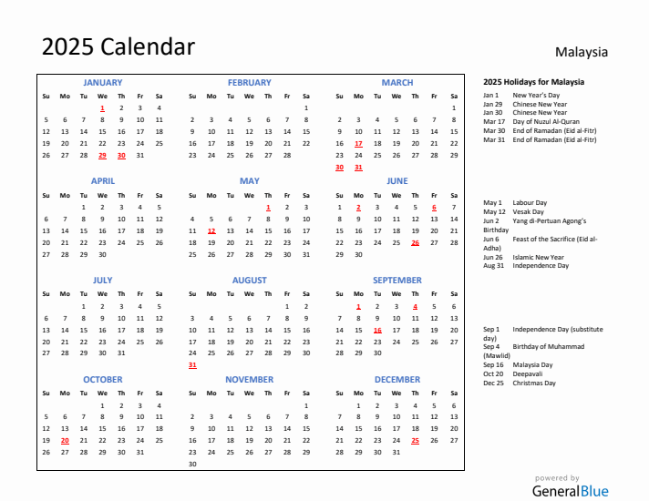 2025 Calendar with Holidays for Malaysia