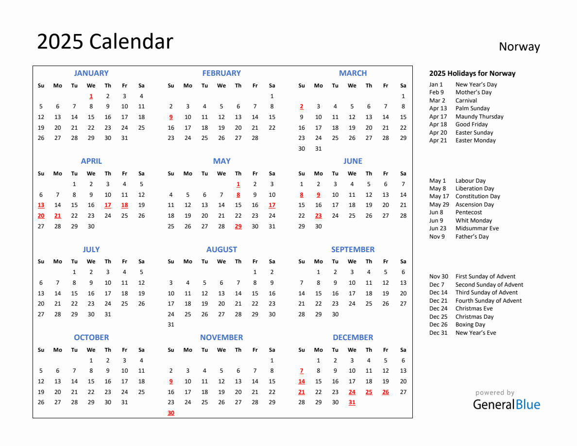 2025 Calendar with Holidays for Norway