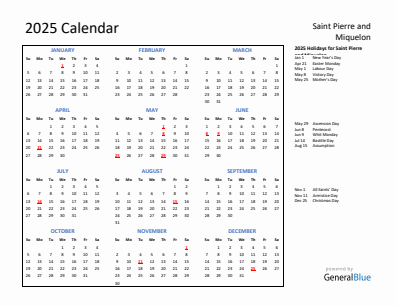Saint Pierre and Miquelon current year calendar 2025 with holidays