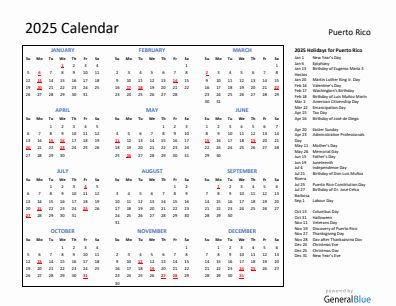 Puerto Rico current year calendar 2025 with holidays