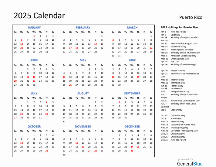 2025 Calendar with Holidays for Puerto Rico