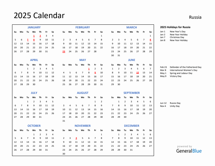 2025 Russia Calendar with Holidays