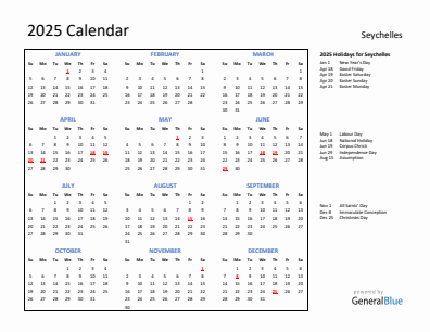 Seychelles current year calendar 2025 with holidays