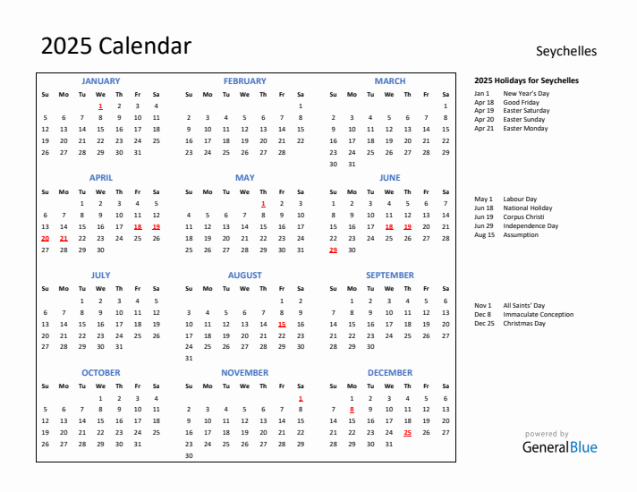 2025 Calendar with Holidays for Seychelles