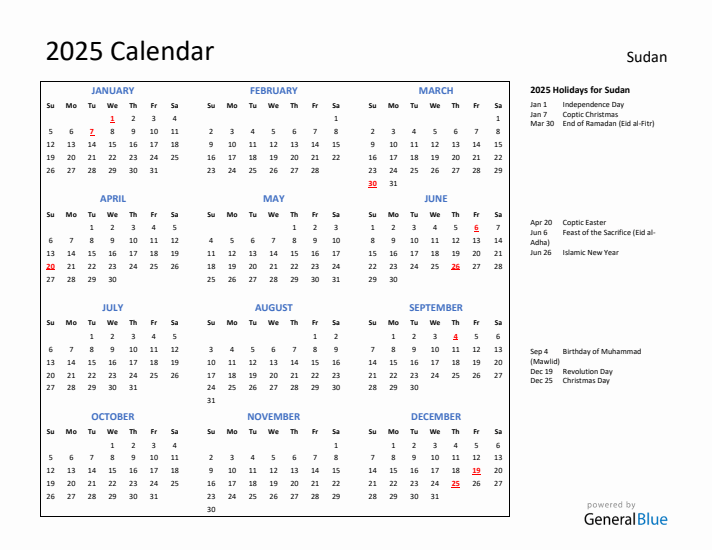 2025 Calendar with Holidays for Sudan