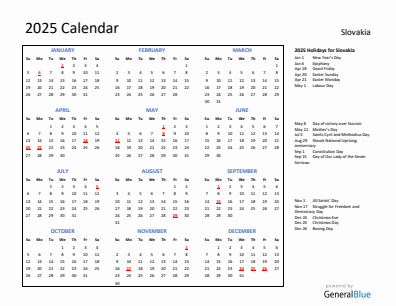Slovakia current year calendar 2025 with holidays