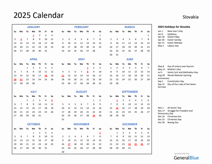 2025 Calendar with Holidays for Slovakia