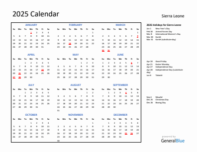 Sierra Leone current year calendar 2025 with holidays