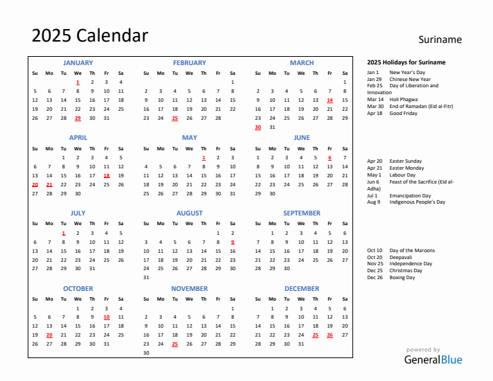 2025 Calendar with Holidays for Suriname