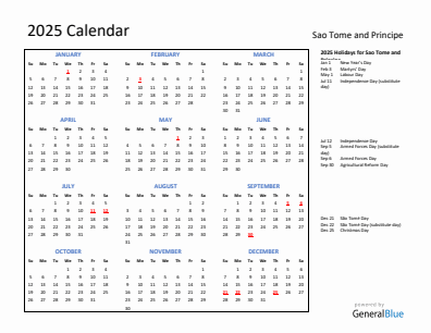 Sao Tome and Principe current year calendar 2025 with holidays