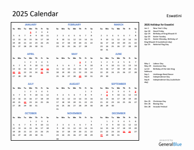 Eswatini current year calendar 2025 with holidays