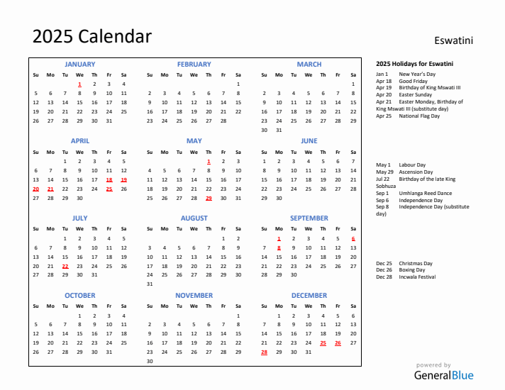 2025 Calendar with Holidays for Eswatini