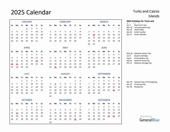 2025 Calendar with Holidays for Turks and Caicos Islands