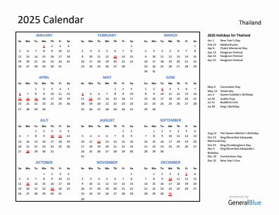 Thailand current year calendar 2025 with holidays