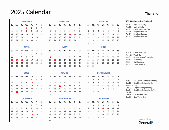 2025 Calendar with Holidays for Thailand