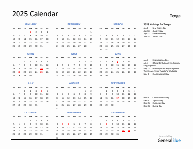 Tonga current year calendar 2025 with holidays