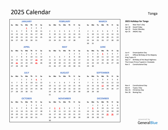 2025 Calendar with Holidays for Tonga