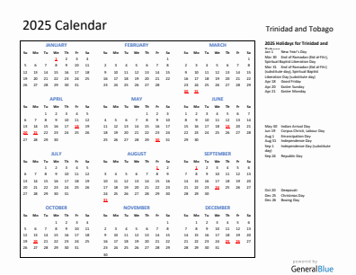 Trinidad and Tobago current year calendar 2025 with holidays