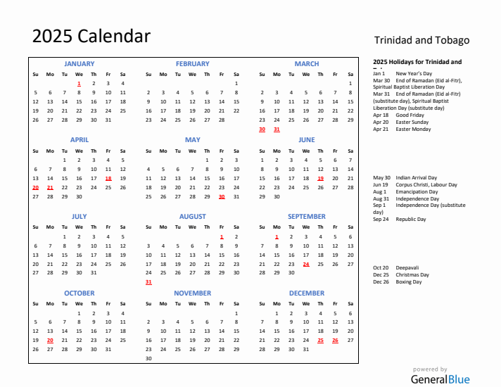 2025 Calendar with Holidays for Trinidad and Tobago