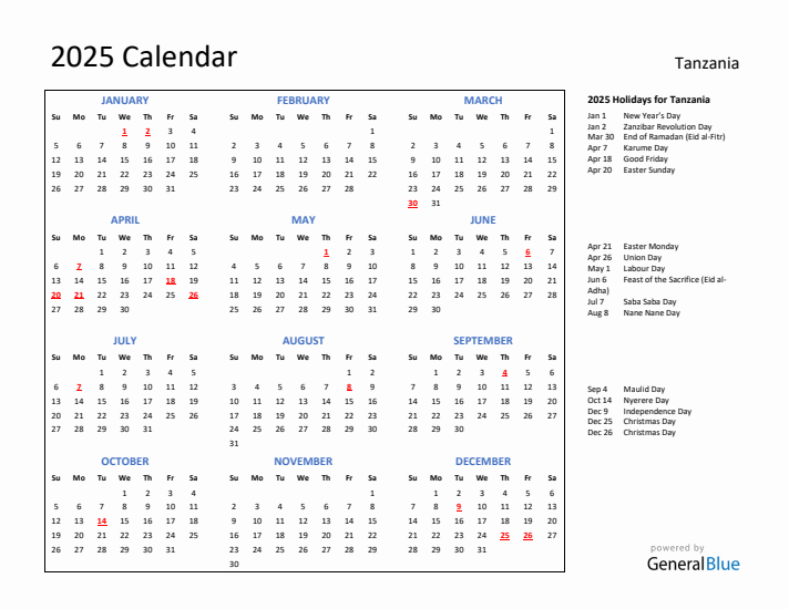 2025 Tanzania Calendar with Holidays