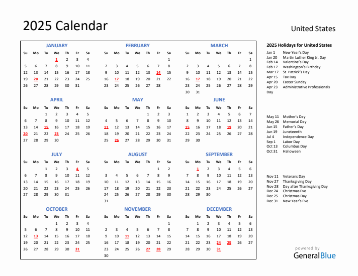2025 United States Calendar with Sunday Start