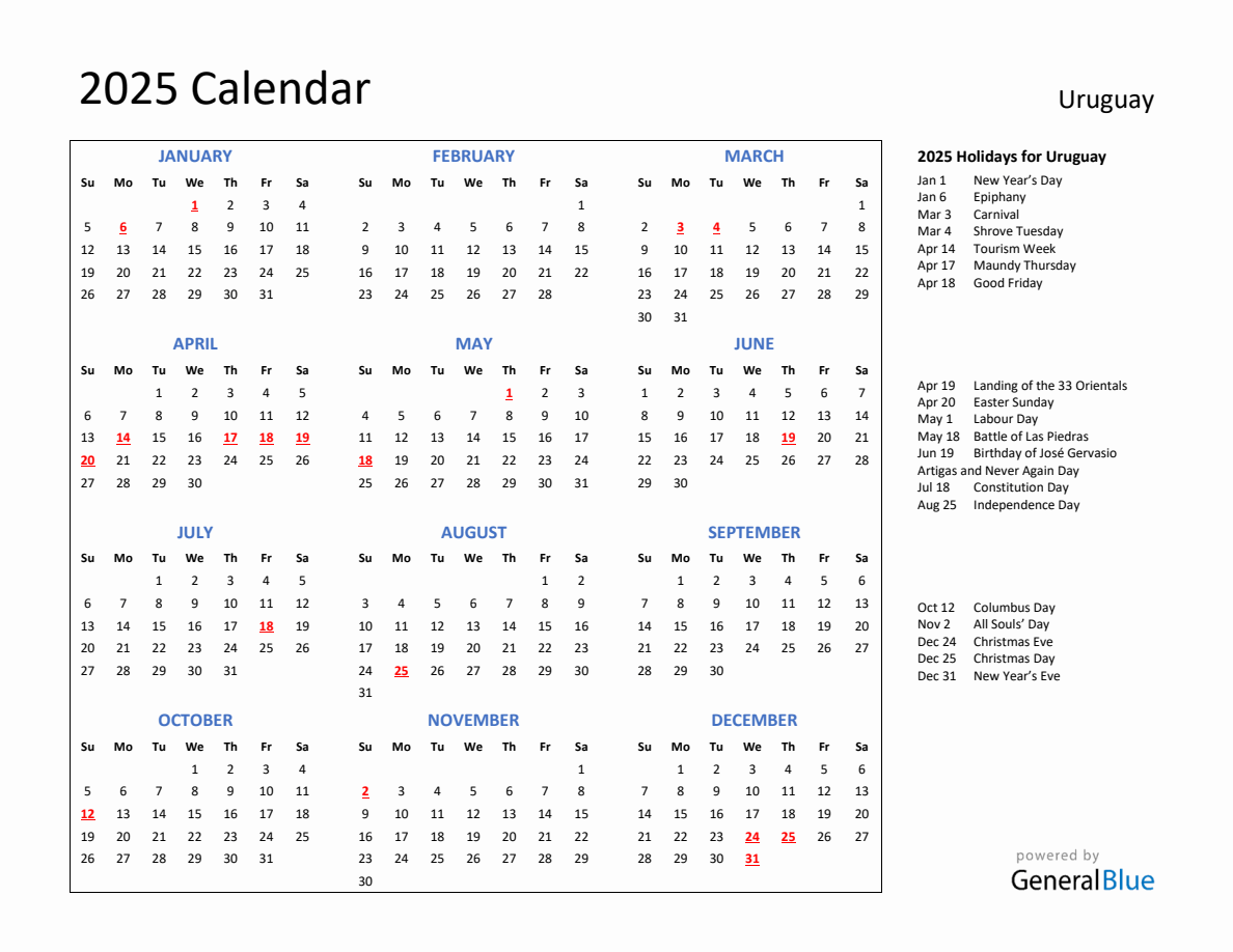 2025 Calendar with Holidays for Uruguay