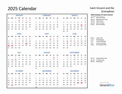 Saint Vincent and the Grenadines current year calendar 2025 with holidays