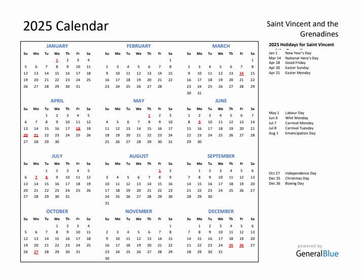 2025 Calendar with Holidays for Saint Vincent and the Grenadines