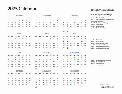 British Virgin Islands current year calendar 2025 with holidays