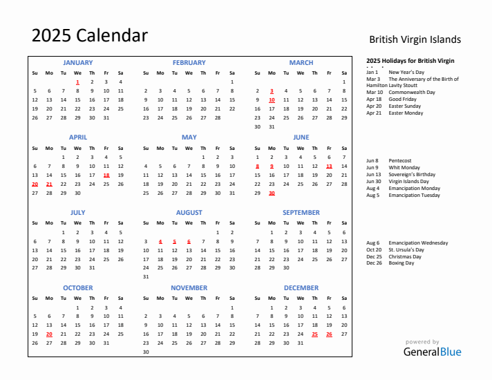2025 Calendar with Holidays for British Virgin Islands