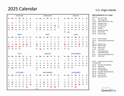 U.S. Virgin Islands current year calendar 2025 with holidays