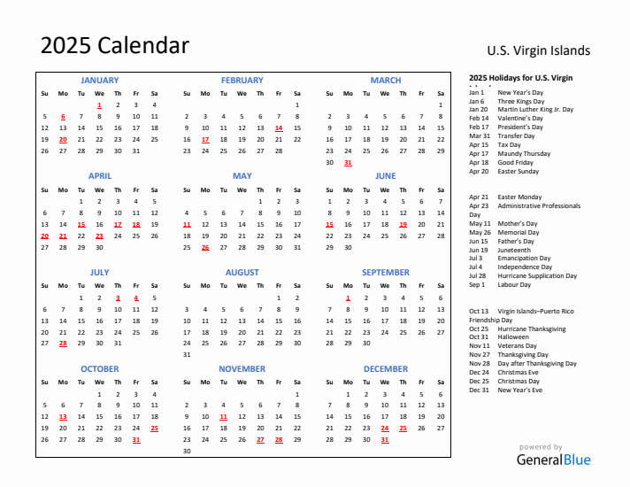 2025 Calendar with Holidays for U.S. Virgin Islands