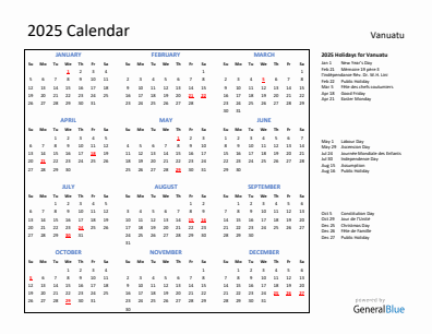 Vanuatu current year calendar 2025 with holidays