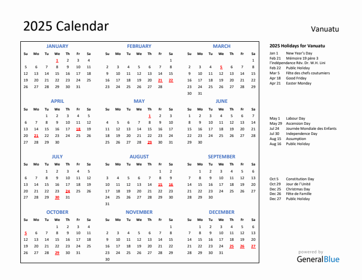 2025 Calendar with Holidays for Vanuatu