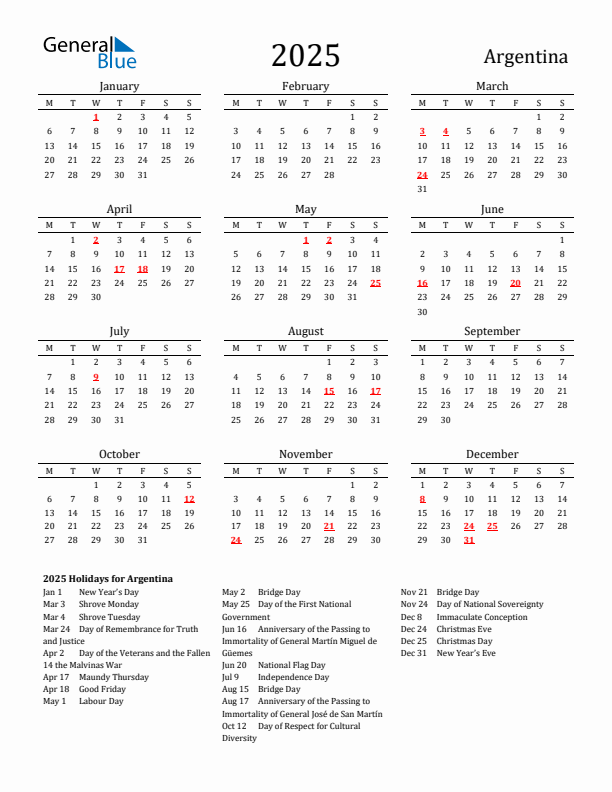 Argentina Holidays Calendar for 2025